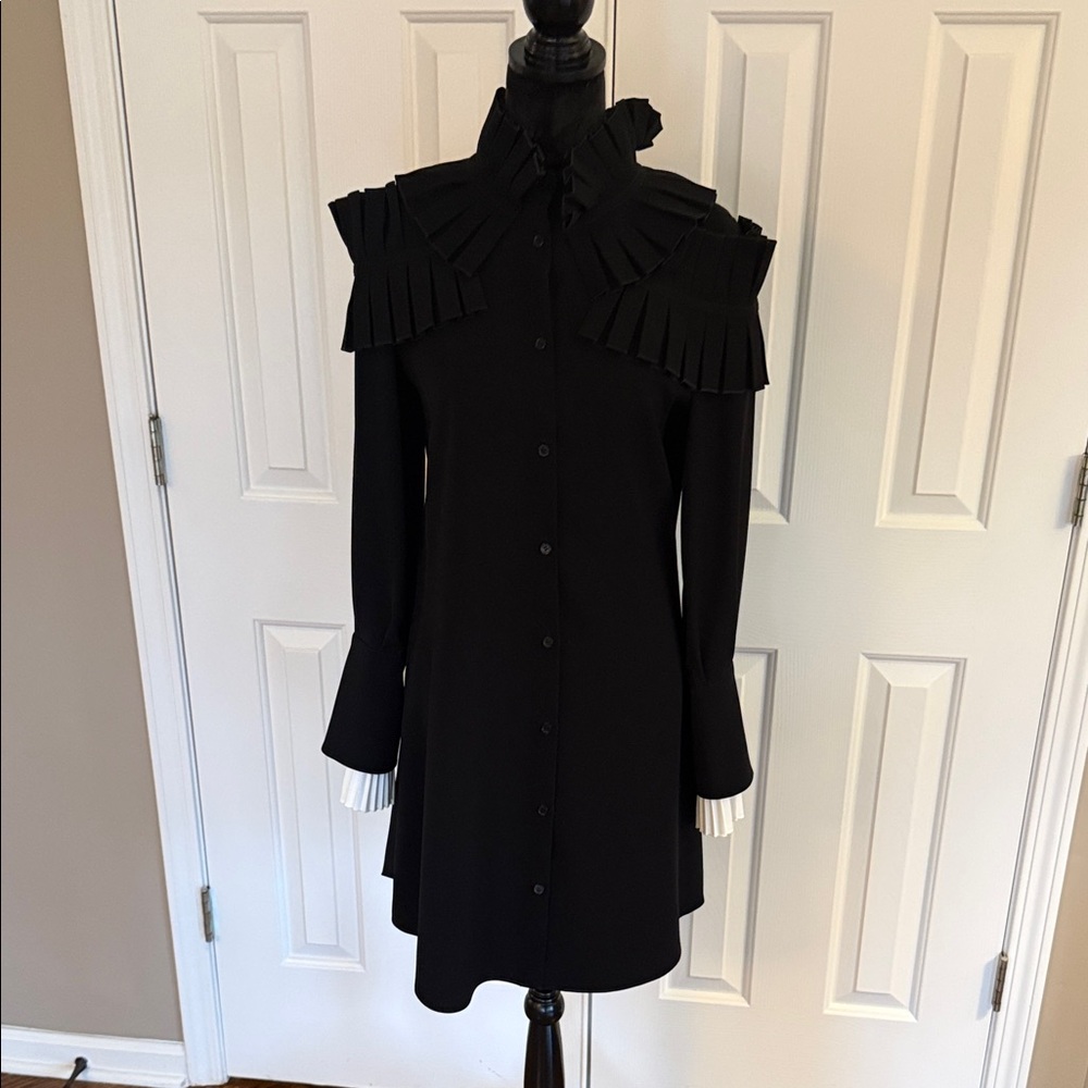 ADEAM Black Long Sleeve Dress with Pleated Accents